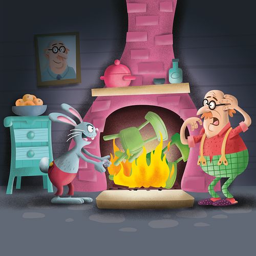 Vrolijke tekening van een konijntje die meubels in het brandende haardvuur gooit.