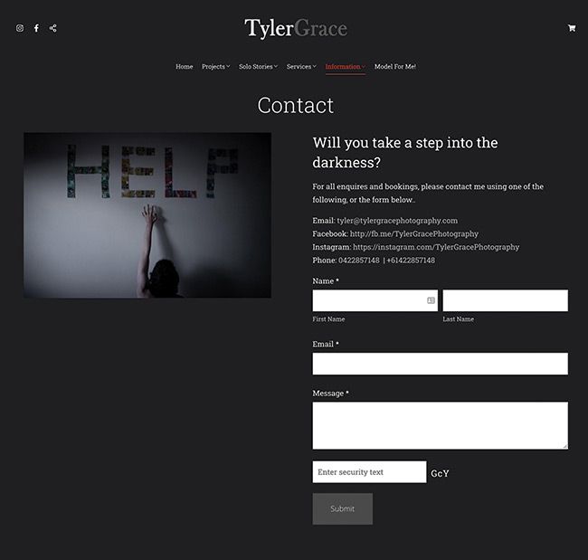 Fine Art Photographer Tyler Grace Contact Page