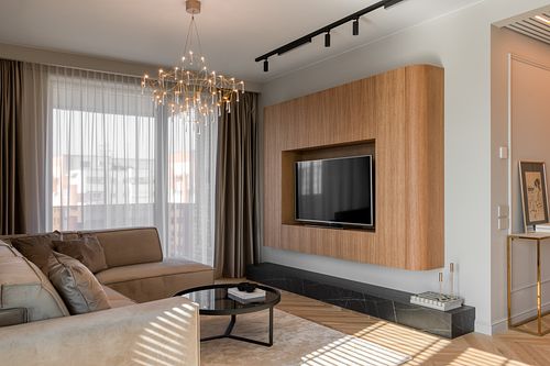 Living room interior with minimalist design and natural textures – Herculane project