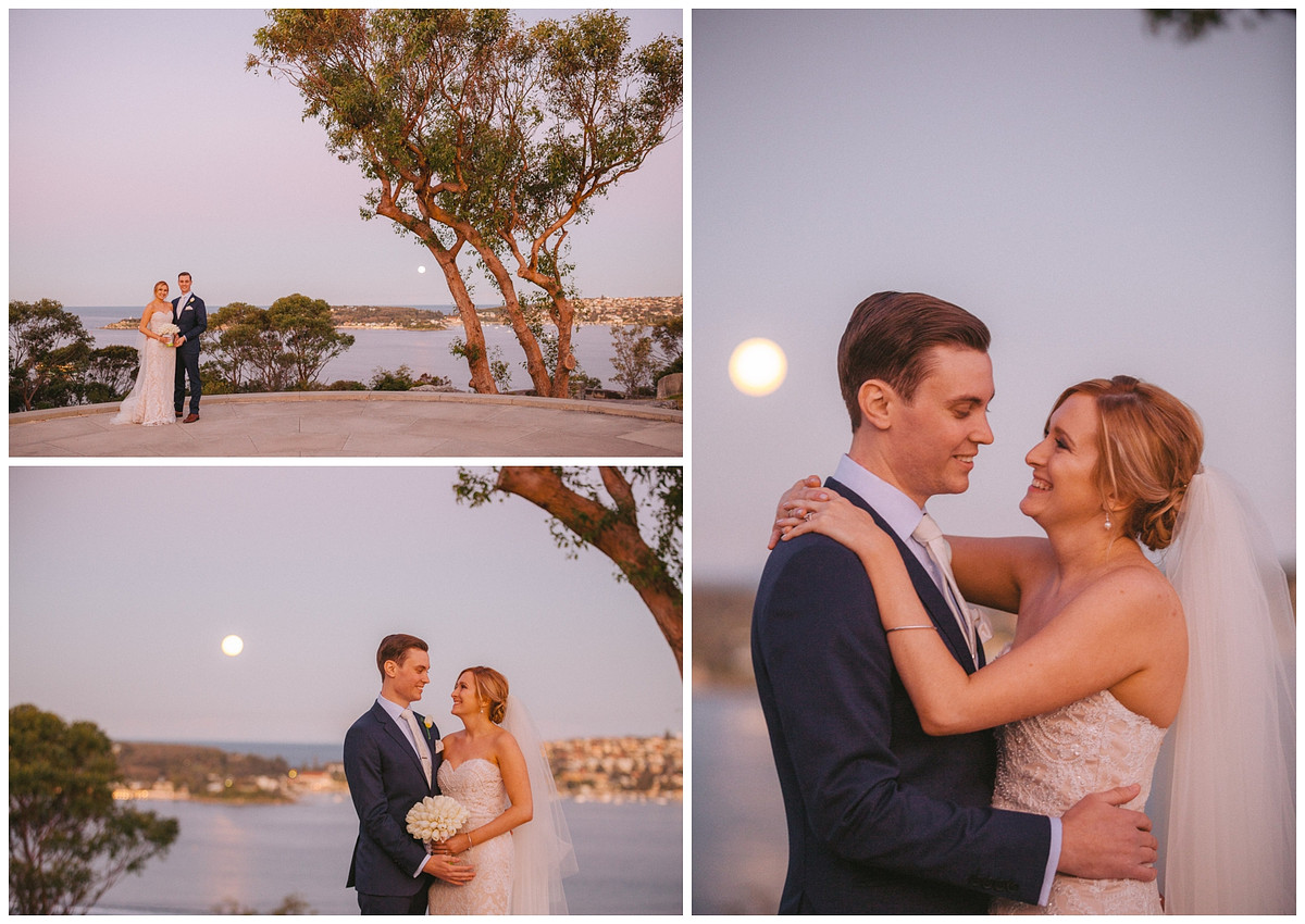 Wedding photos of bride and groom during dusk at Georges Head Lookout, adjacent to Gunners Barracks Mosman.