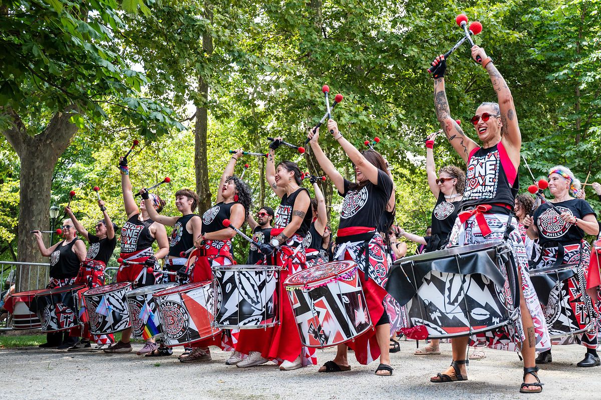 Batala Mundo drum ensemble performing at Barnes on the Block at the Barnes Foundation in Philadelphia, capturing large-scale public cultural celebration aligned with America 250 events.