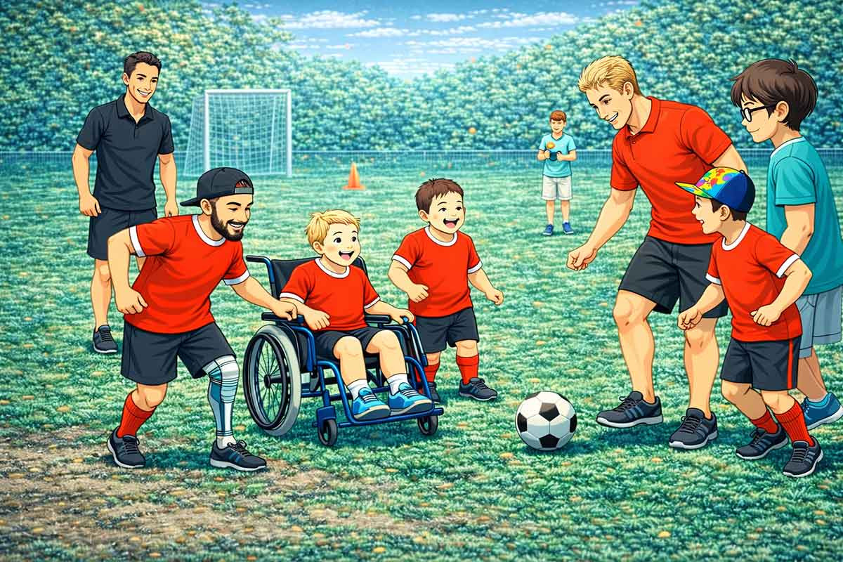 Kinder und Trainer spielen gemeinsam Fußball auf einem Trainingsplatz, darunter ein Kind im Rollstuhl und ein Spieler mit Prothese; alle sind aktiv eingebunden und in Bewegung.