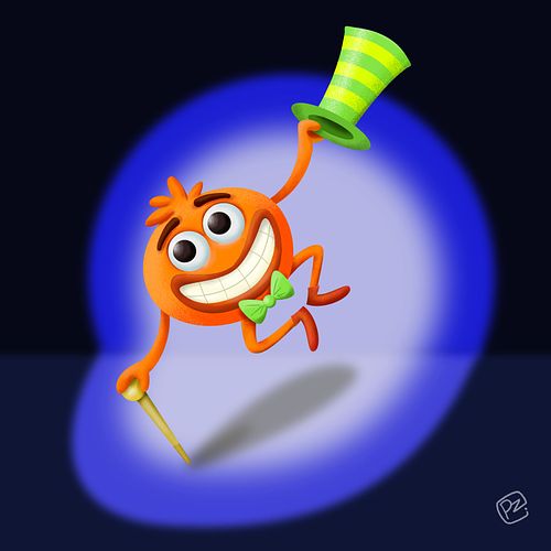 Illustratie van grappig oranje showbizz karakter, springt blij omhoog in de spotlights