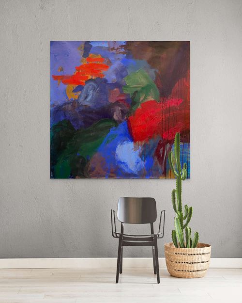 peinture abstraite grand format, peinture abstraite carr&eacute;e, 130x130 cm, paysage abstrait, paysage abstrait contemporain, rouge, bleu, vert, couleurs terre br&ucirc;l&eacute;e, expressionnisme abstrait, abstraction lyrique, acrylique sur toile, collection Paysages Abstraits, tableau abstrait pour grand salon, tableau original