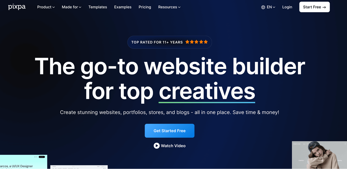 Screenshot of Pixpa's home page