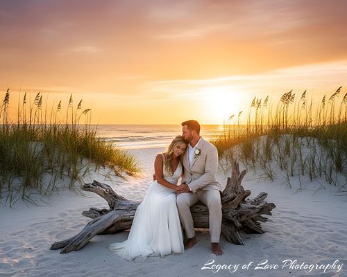 Bride and groom sitting on driftwood at sunset in Fernandina Beach by Legacy of Love Photography.