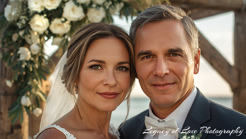Close-up portrait of a mature bride and groom smiling warmly during their second marriage ceremony in Florida.