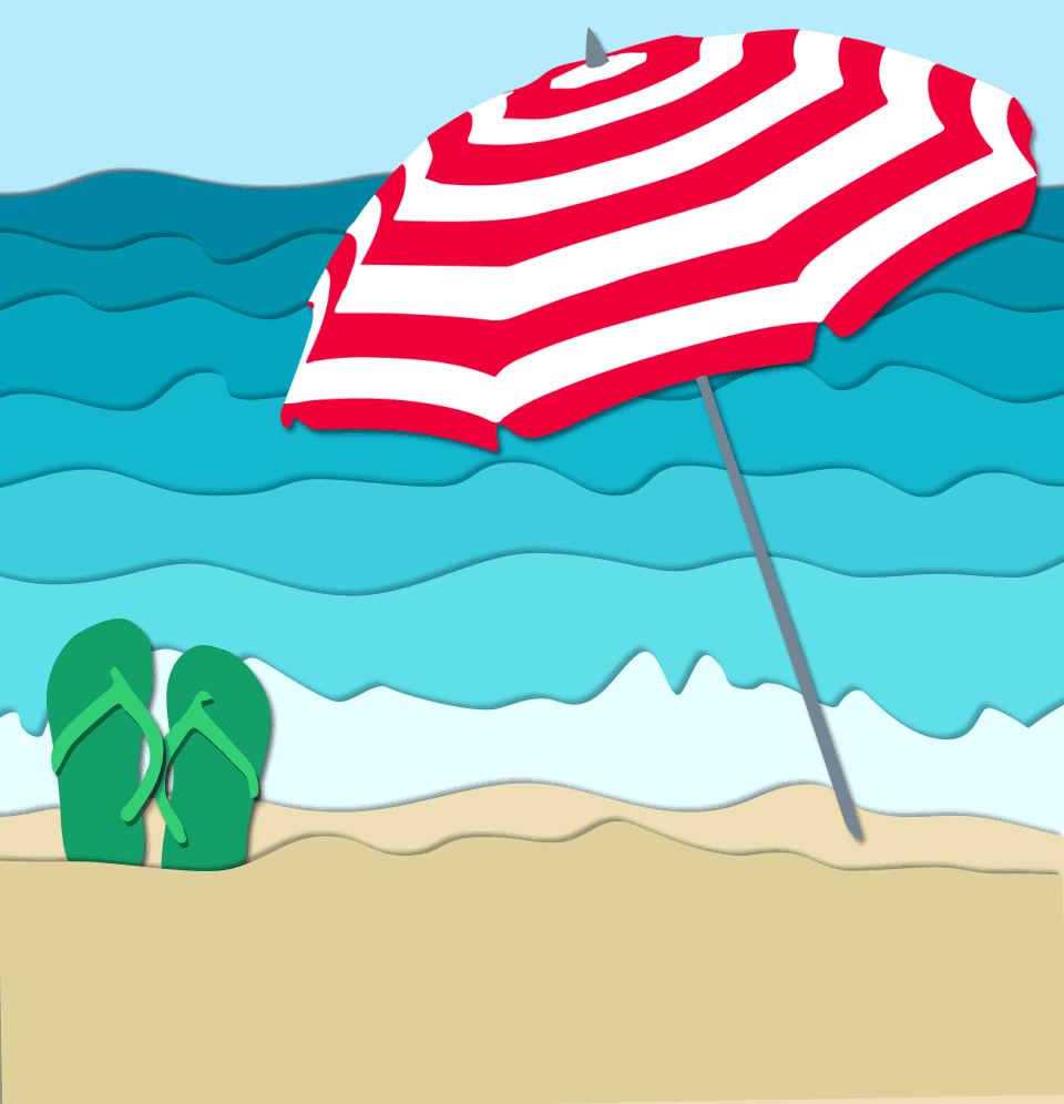 beach with flip flops and beach umbrella and sign for sale