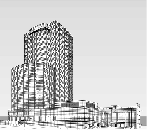 3D Revit model of a commercial building showcasing facade and architectural detailing