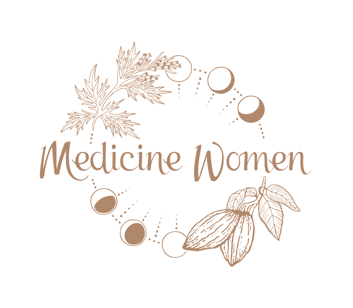 medicine women logo featuring cacao, moon cycles and mugwort