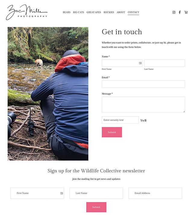 Página de contacto del portafolio fotográfico de Zac Mill