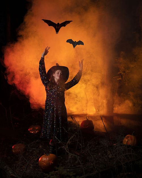 A witch sending bats off into the sky in a haze of orange light.
