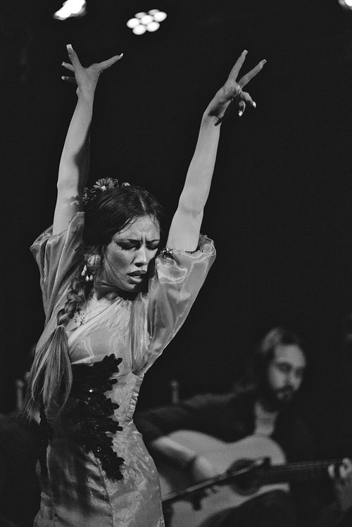 Sofia del Rio dancing expressive flamenco in tablao in Jerez