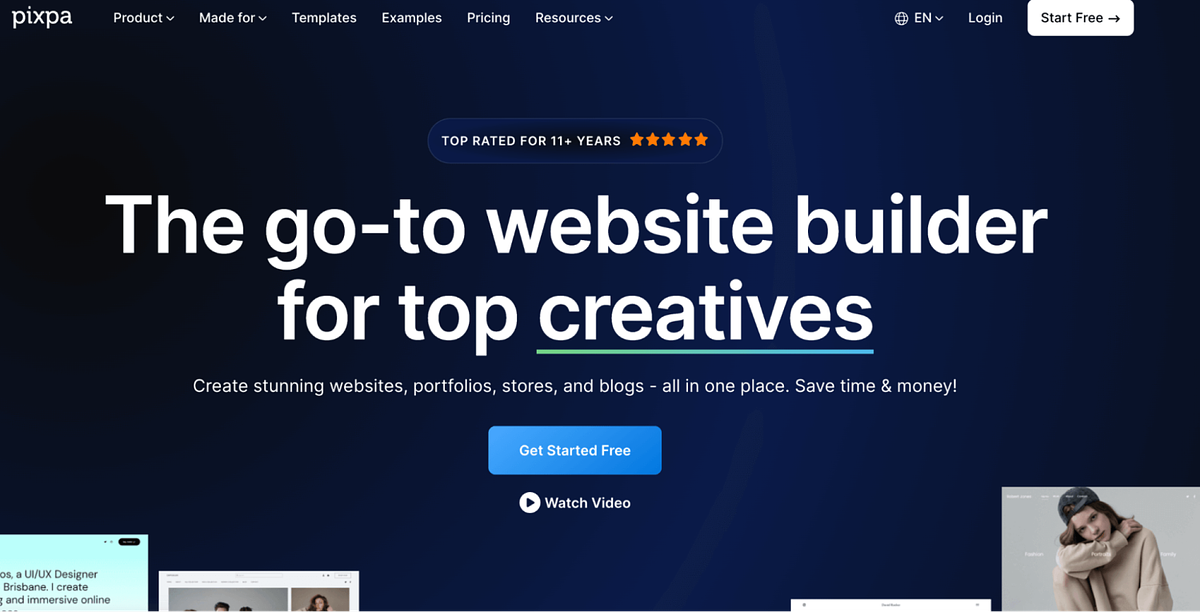 Captura de tela de Pixpa's homepage