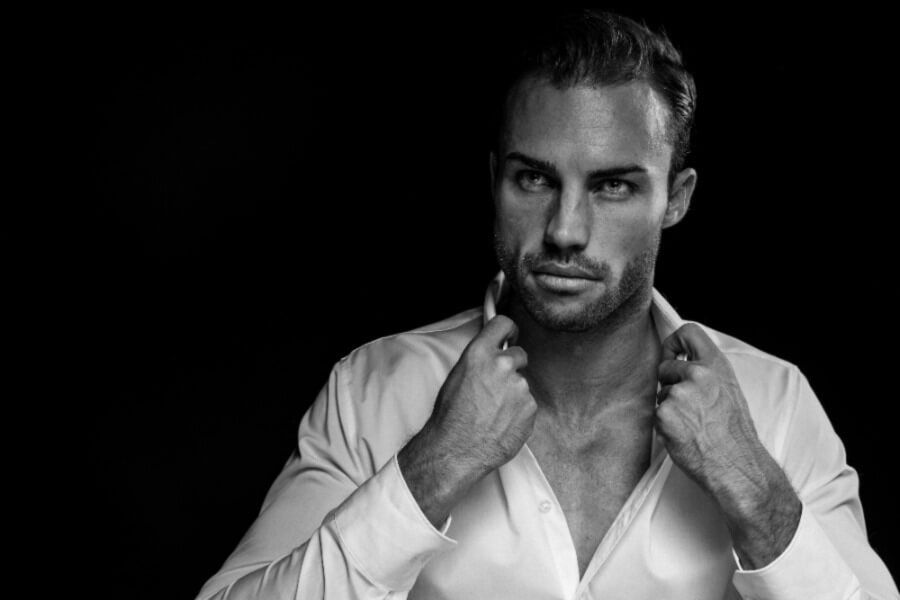Black and white photo of a male model