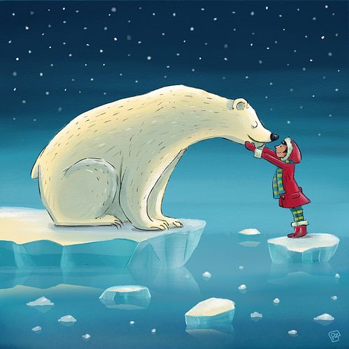 illustratie kinderboek van een meisje en ijsbeer op ijsschotsen in poolgebied. Vreedzame ontmoeting.