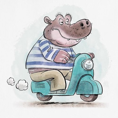 kinderboek Illustratie in aquarel van een nijlpaard op scooter. Italiaanse sfeer.