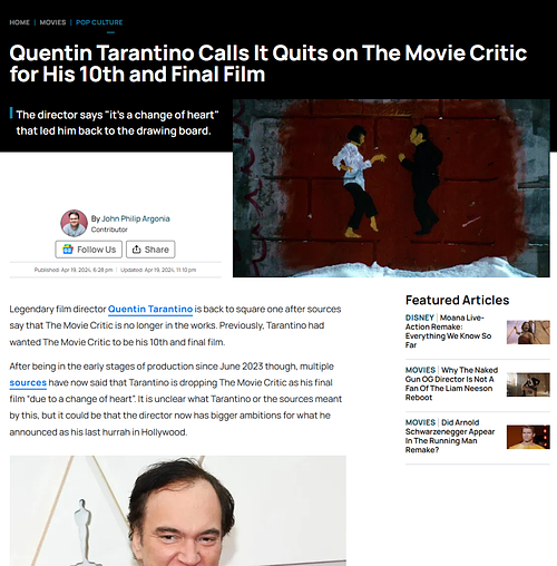 Quentin Tarantino Calls It Quits on The Movie Critic for His 10th and Final Film