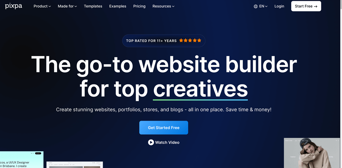 Screenshot of Pixpa's homepage