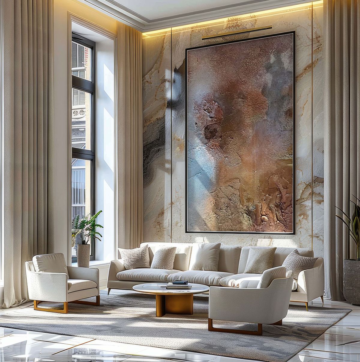Massive vertical abstract painting for a double-height wall, demonstrating how scale transforms large architectural spaces