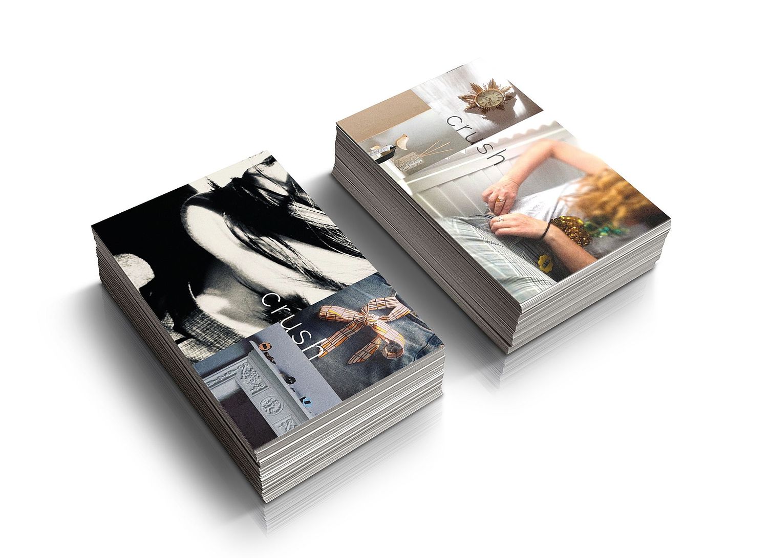 Two piles of postcards depicting women's accessories