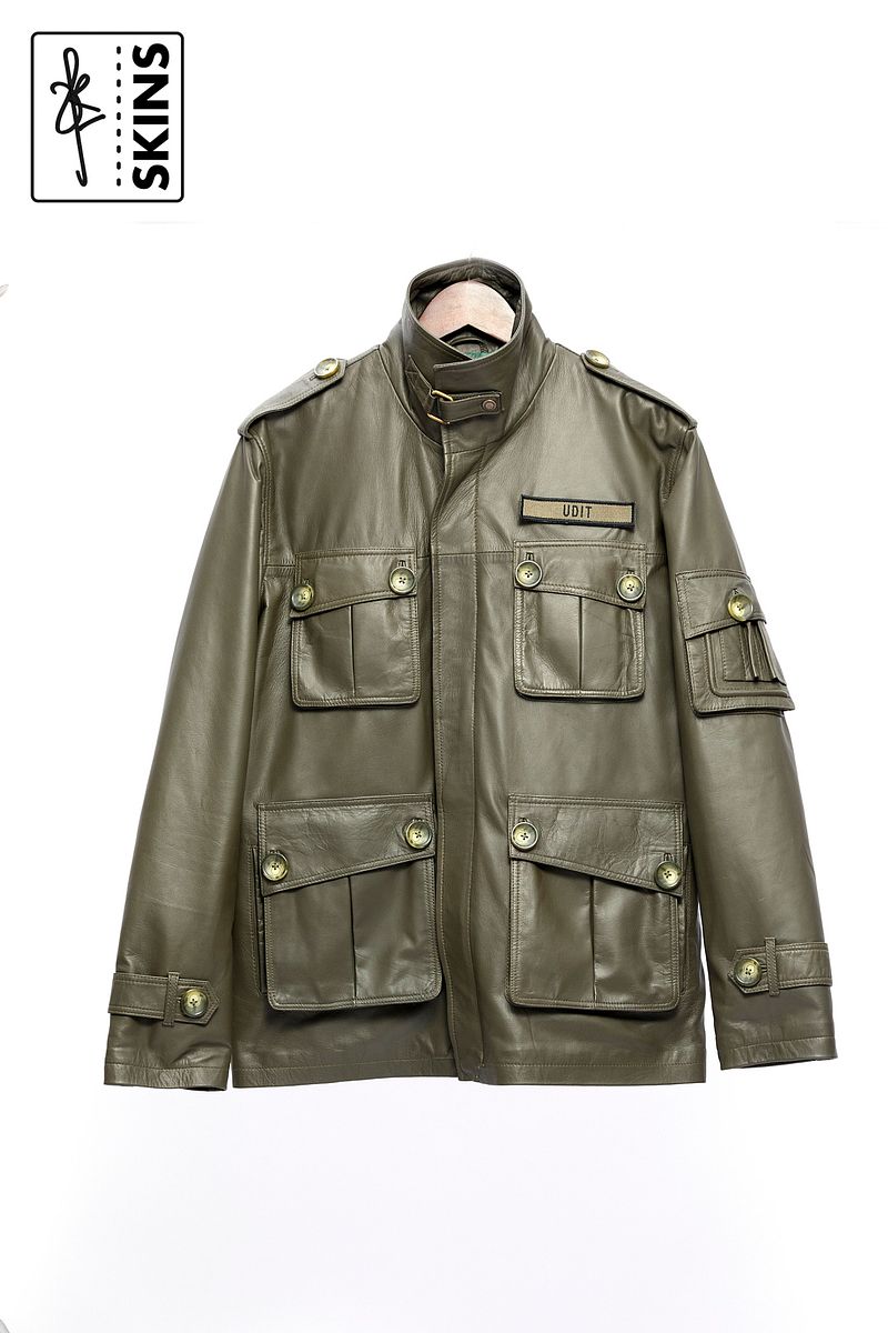 SKINS Odh : M65 Field Leather Jacket (Olive Green)