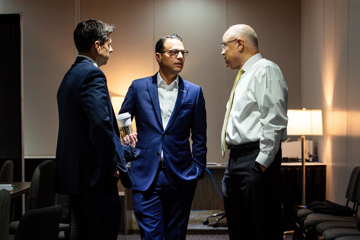 Backstage leadership moment between Governor Josh Shapiro and AFSCME President Lee Saunders at the 45th AFSCME Convention in Philadelphia, documented by corporate event photographer Andriana Ortiz.