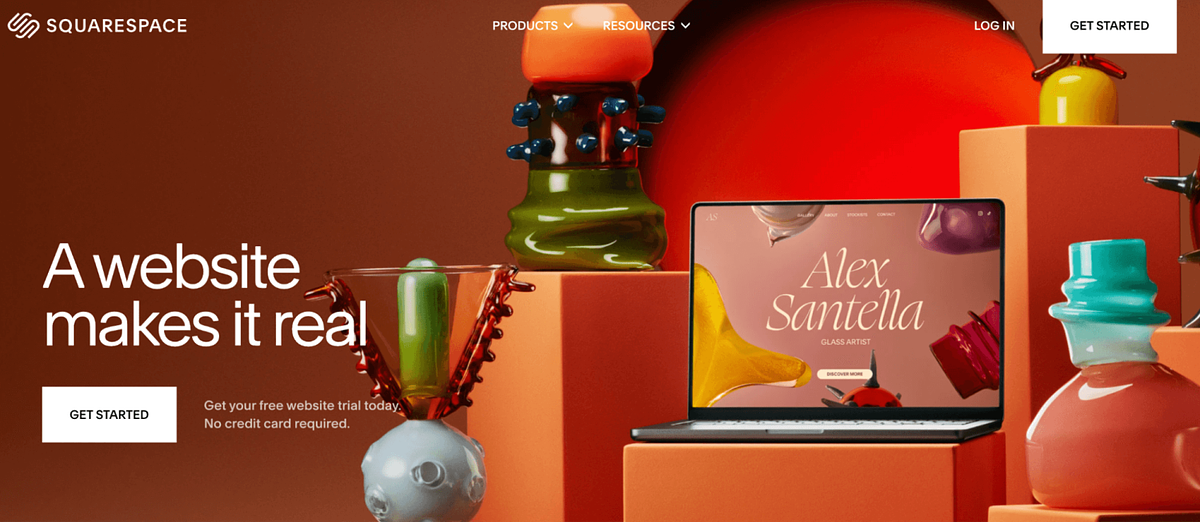 Página de inicio de Squarespace que muestra el creador de sitios web centrado en el diseño y la galería de plantillas.