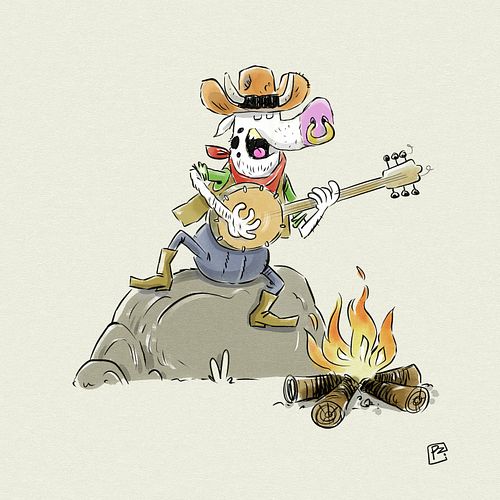 Kinderboek illustratie met een cowboy zingend met een banjo in zijn hand. Hij zit aan een kampvuur.