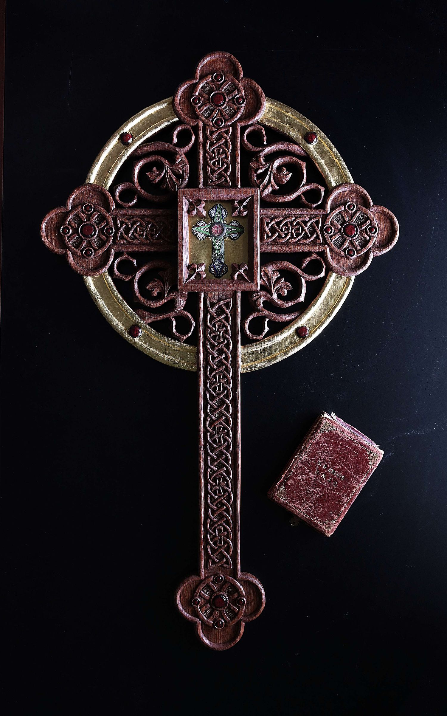 Beautiful, gold-leafed reliquary to house a relic of the True Cross with Celtic and Gothic Revival Carving and polychrome details for St Patrick Catholic Church in London, Ohio