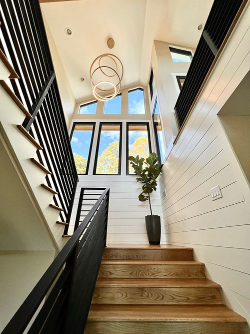 View of monumental stair looking up from lower level