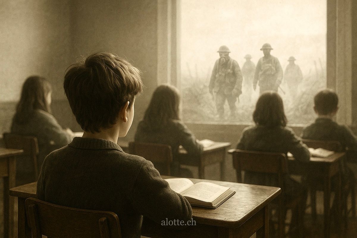 Illustration of a young Martin Potter in a Wellington School classroom reading Dulce et Decorum Est