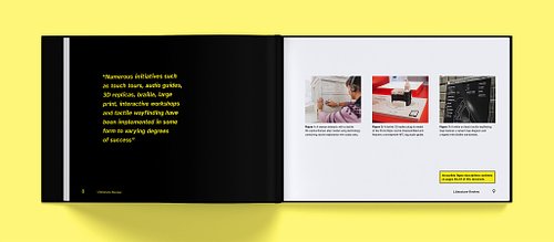 Double-page spread featuring a pull quote on the left page and three images of tactile museum initiatives with accompanying descriptive captions on the right.