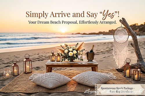 Luxury beach proposal picnic with lanterns and sunset views by Legacy of Love Photography.