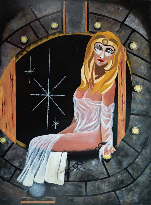 Loneliness solitude Peinture de Patrice Goubeau stylisée d'une femme aux longs cheveux blonds portant une robe blanche fluide, assise à l'intérieur d'un espace circulaire sombre avec des détails métalliques sur les bords et des motifs géométriques abstraits en arrière-plan.