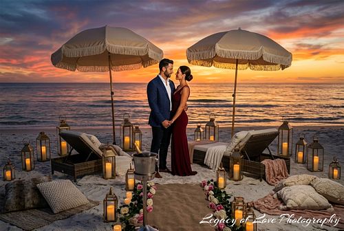 A couple embracing during a luxury sunset beach proposal with umbrellas and lanterns in North Central Florida.