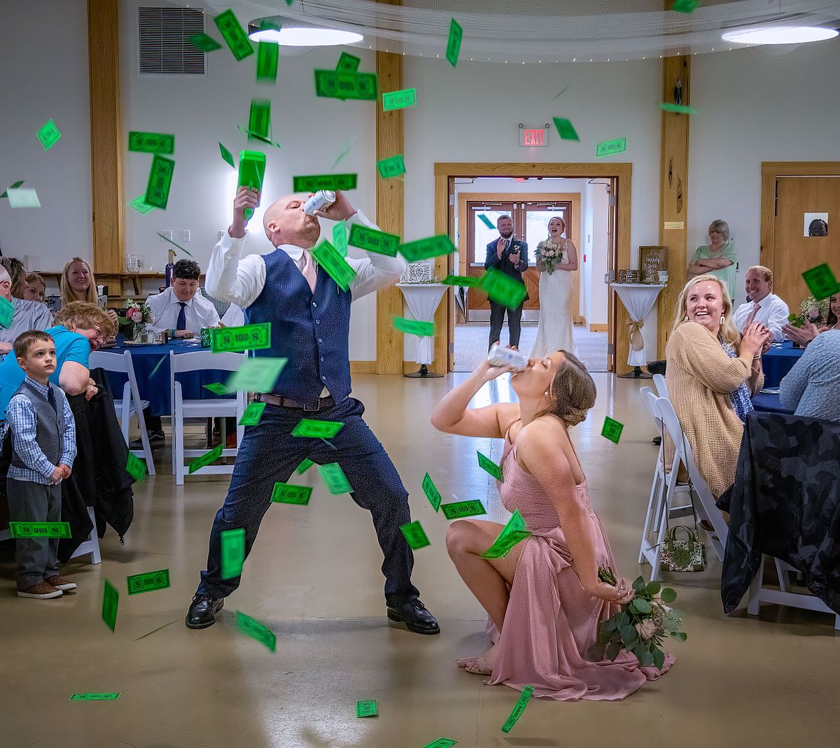 introduction of a couple with the couple laughing as they watch the groomsmen and maid of honor preforming a skid