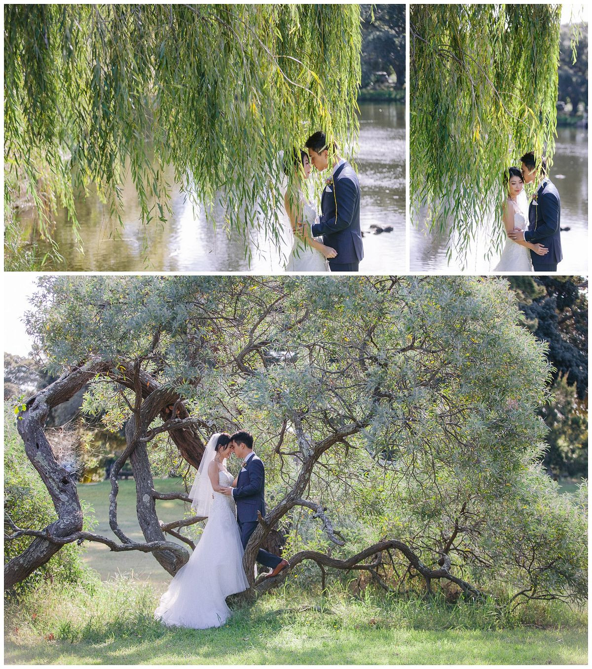 Romantic wedding photo of the bride and groom at Between Willow and Duck Pond, Centennial Park.