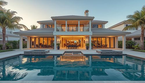 High-end real estate twilight photography of a luxury mansion with warm interior lighting reflecting in a geometric backyard pool, captured by PrimePropertyPhoto in Gainesville, FL.