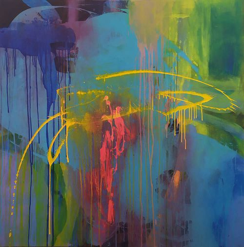 Entre Loups, peinture abstraite color&eacute;e, toile abstraite carr&eacute;e, vert, jaune, peinture abstraite bleue, grand format, multicolore, Acrylique sur toile de lin, 150x150 cm