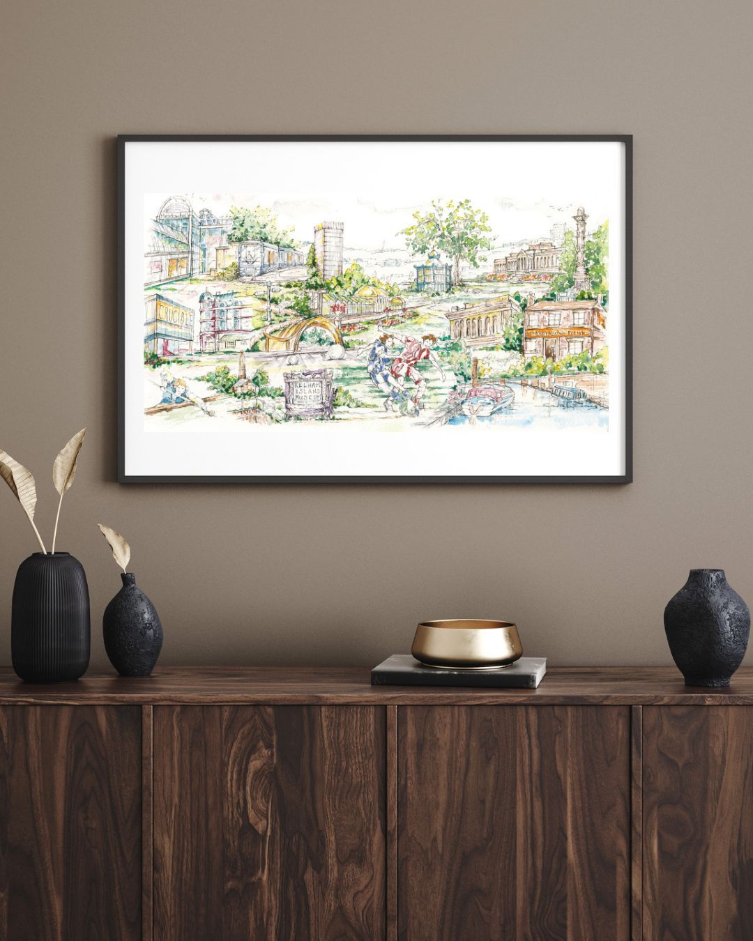 A framed Watercolour and pen illustration of the city of Sheffield in England, UK.