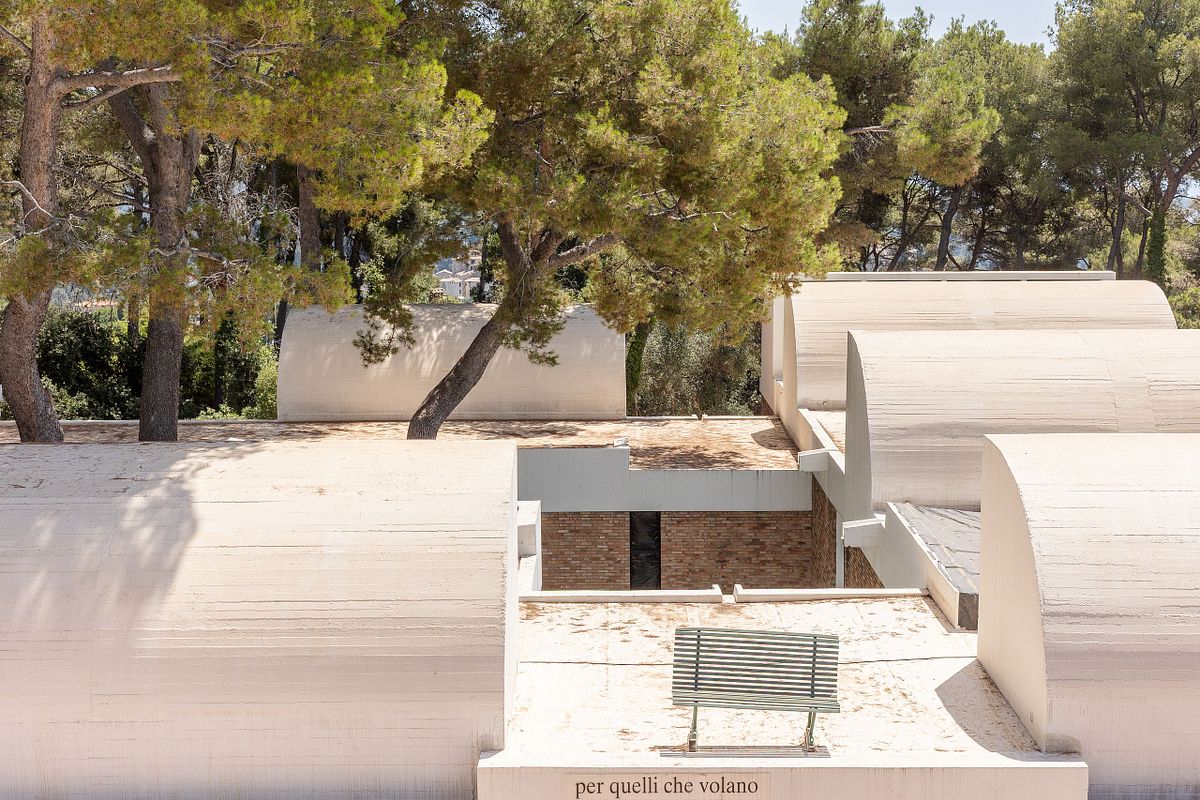 Ljusa betongtak och tallar i sol; arkitektoniska linjer skapar en grafisk komposition.