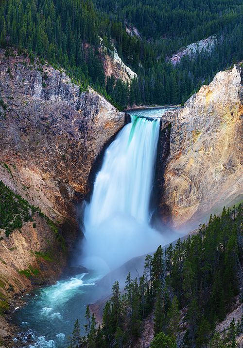 A vertical, close-up composition of the Lower Falls of the Yellowstone River showing powerful white water plunging between rocky canyon cliffs into the river below.