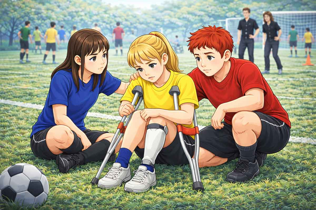 Zwei Jugendliche sitzen neben einer Mitspielerin mit Gehhilfen auf dem Rasen, sprechen ihr Mut zu und legen unterstützend die Hand auf ihre Schulter, ein Ball liegt daneben.