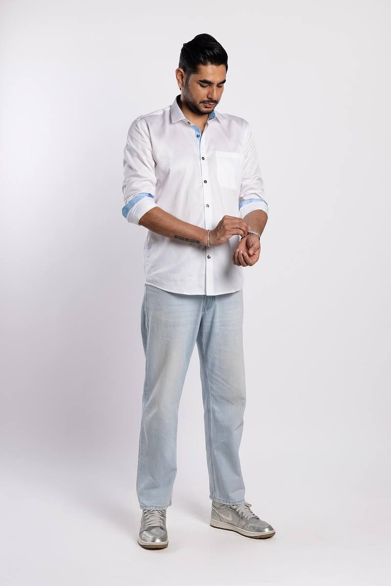 Signature White Premium Cotton Shirt - Summer Sky