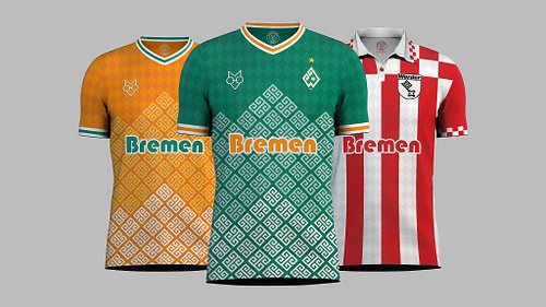 Front view of Werder Bremen home, away, and third shirt concepts grouped together, with the home shirt slightly larger in the centre.