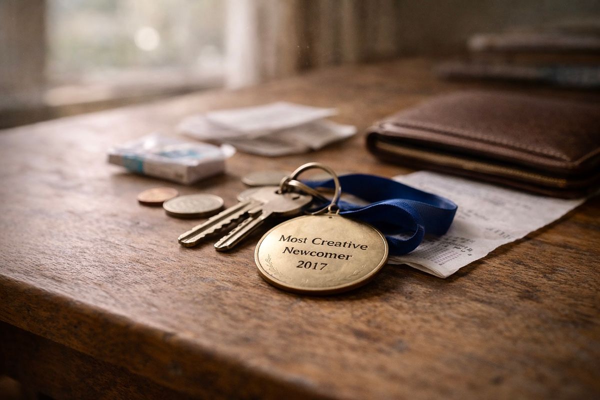 Satirical image of an old awards medal still carried sadly by the awardee.