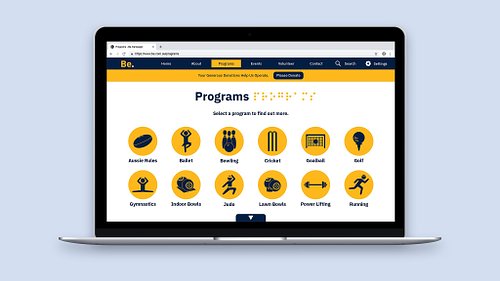 Mockup of the website programs page showing high-contrast blue-on-yellow icon buttons linking to individual BSRV program pages.