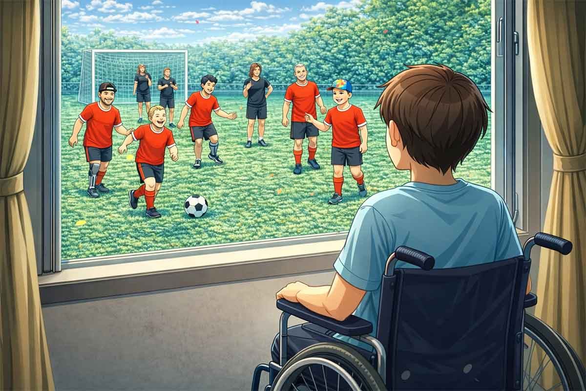 Ein Kind sitzt im Rollstuhl am Fenster und blickt nach draußen, wo eine Gruppe Kinder Fußball spielt und trainiert – ein Bild für fehlenden Zugang und den Wunsch, Teil eines Teams zu sein.