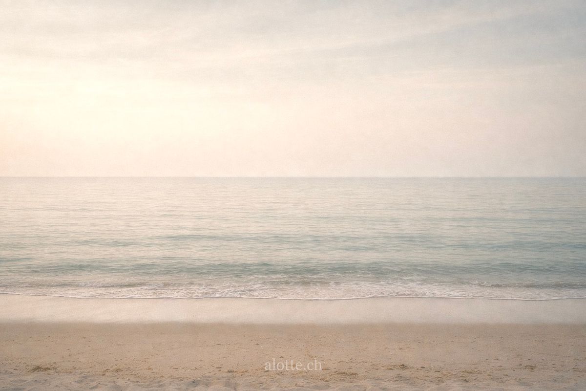 A softly diffused view of an empty beach looking straight out to a calm sea beneath a pale sky, rendered in muted, painterly tones. | Martin Potter